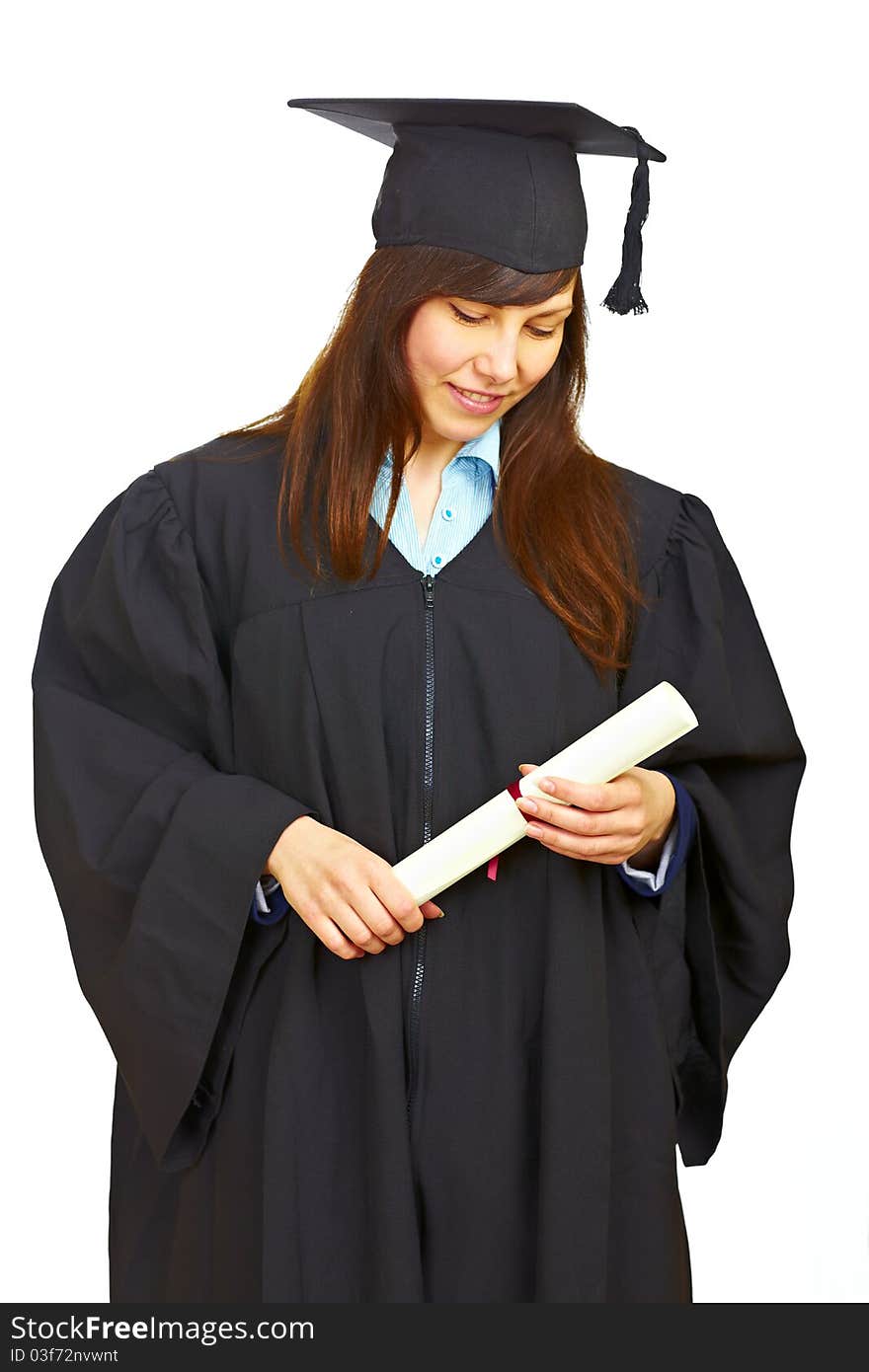 Woman in gown isolated over white