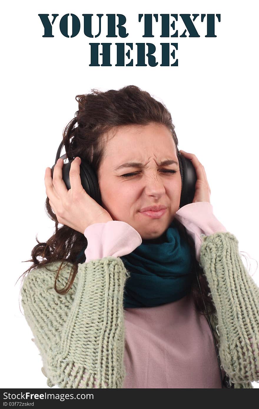 Young girl listen music on white