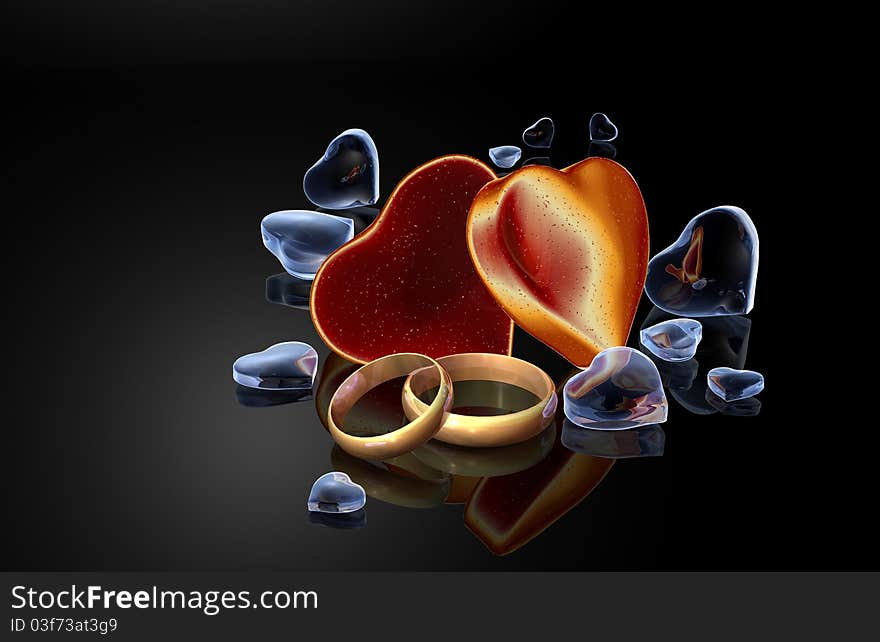 Hearts with wedding rings on a black background. Hearts with wedding rings on a black background