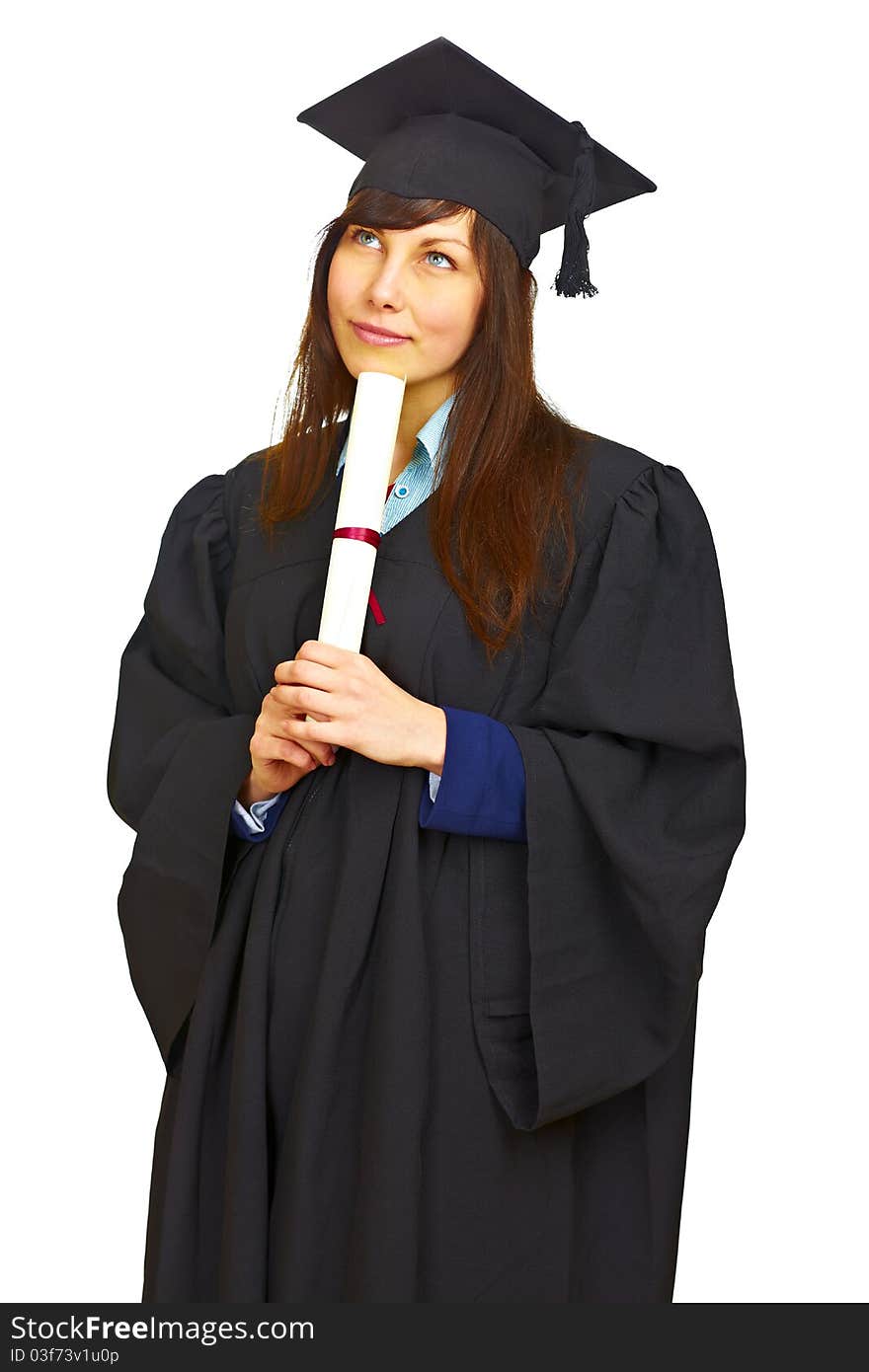 Woman in gown thinking about her future isolated over white background. Woman in gown thinking about her future isolated over white background