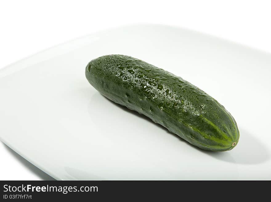 A green cucumber on a white plate with waterdrops on white background. A green cucumber on a white plate with waterdrops on white background