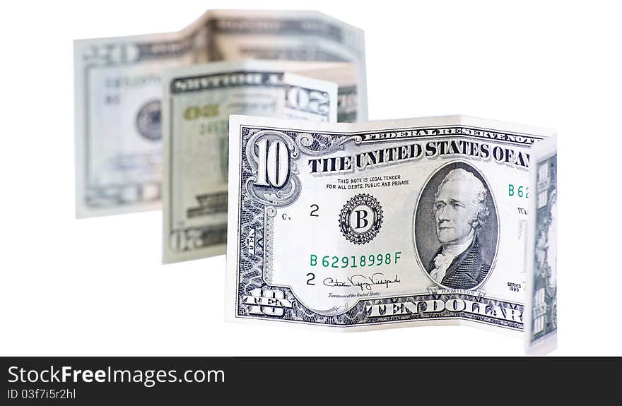 Ten and twenty american dollars on white background