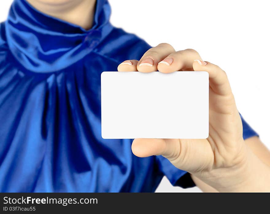 Businesswoman showing a blank business card