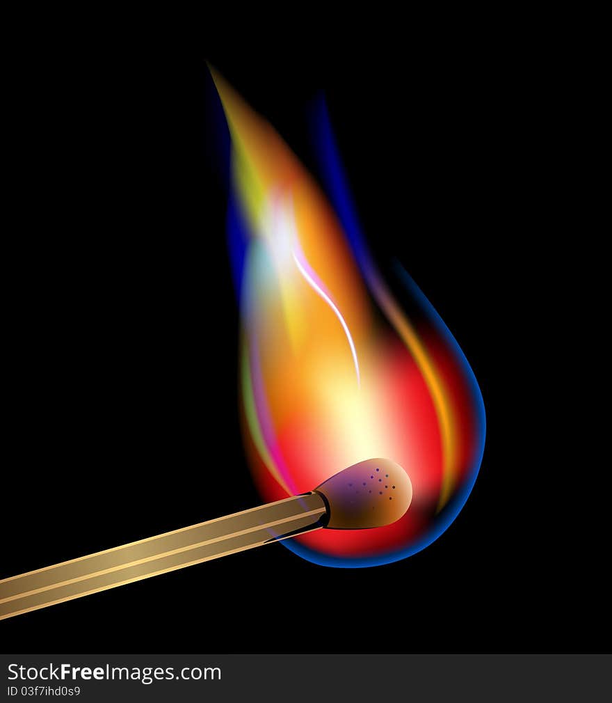 Burning matchstick on black background