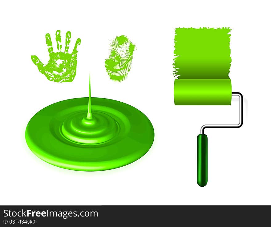 Paint brush, green pouring and fingerprint on white background. Paint brush, green pouring and fingerprint on white background