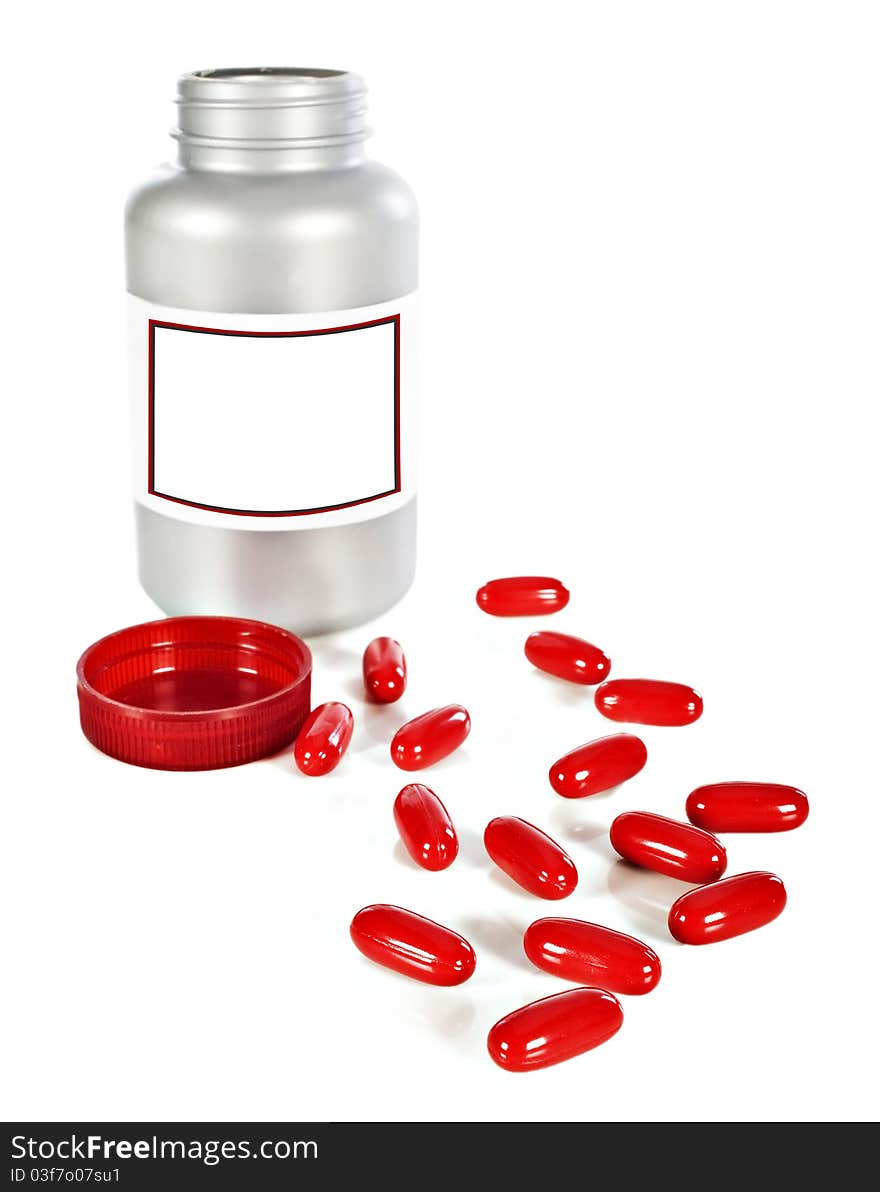 A Bottle of red pills for joy on a white background with space for text