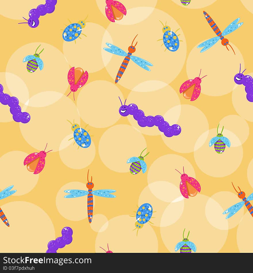 Seamless cute colorful bugs background. Seamless cute colorful bugs background