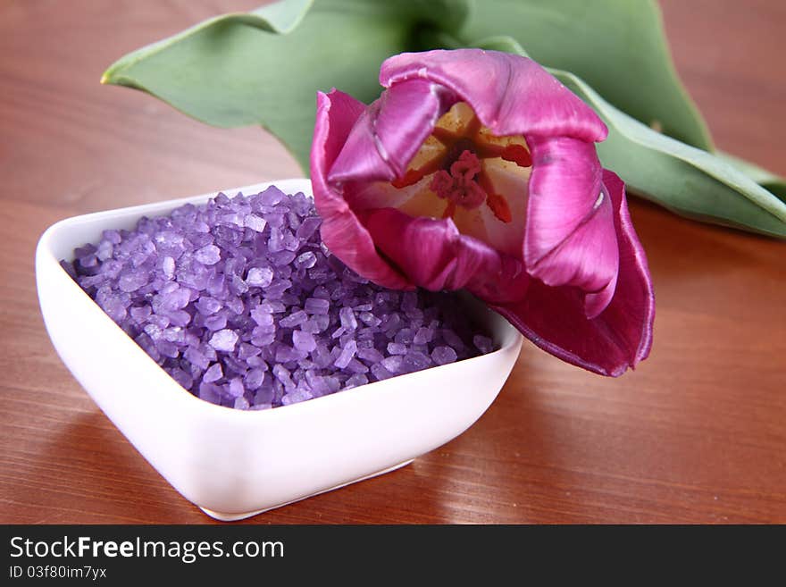 Lavender spa salt and a tulip flower