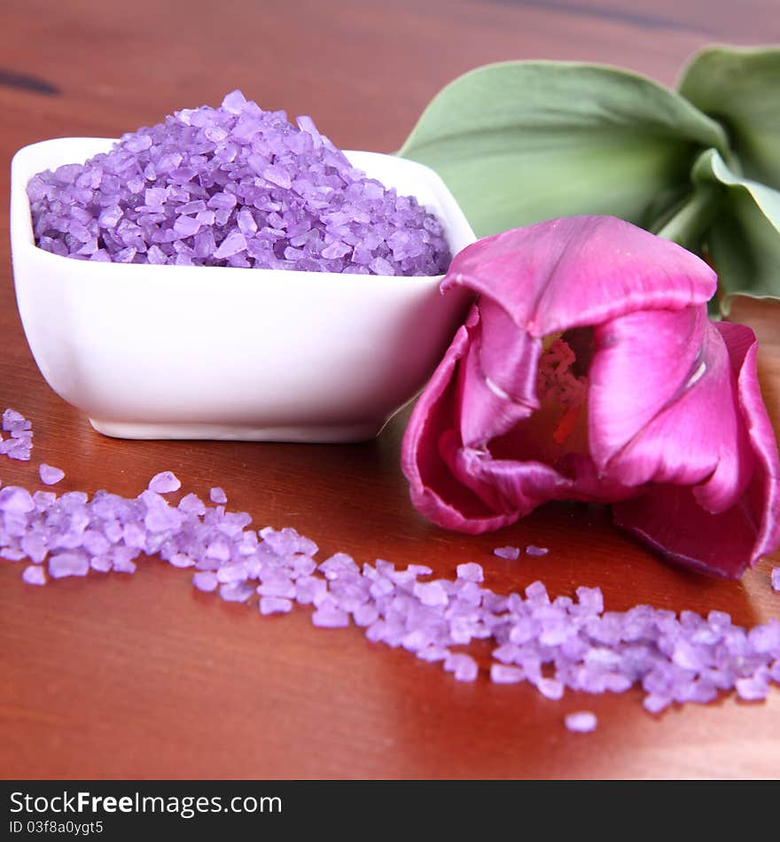 Lavender spa salt and a tulip flower