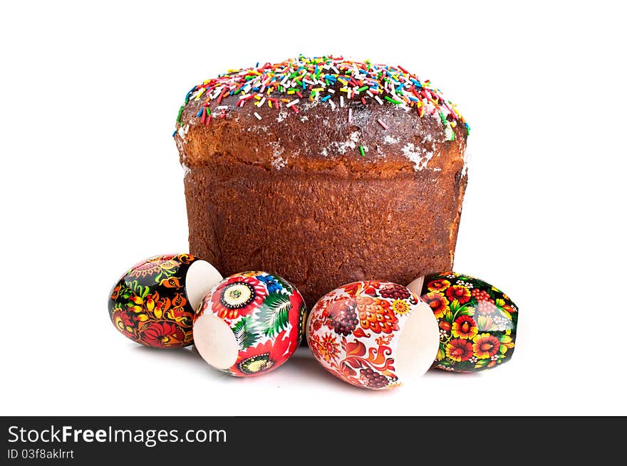 Easter cake and eggs isolated on a white background