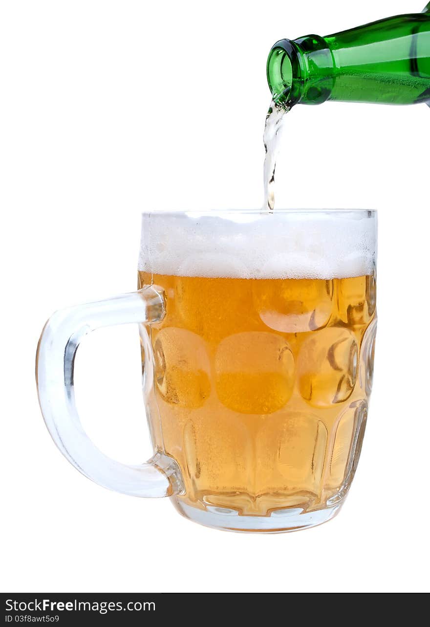 Glass bottle and beer isolated on a white background