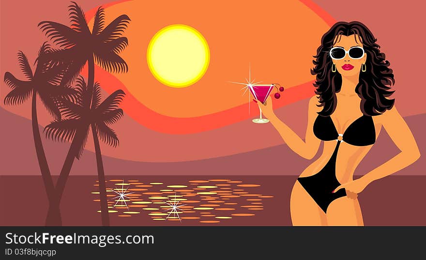 Girl in bikini with a cocktail on the beach. Girl in bikini with a cocktail on the beach.