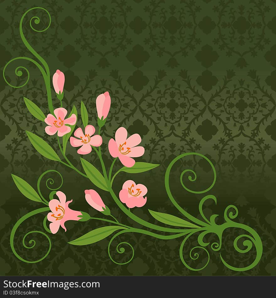 Set of pink flowers with leaf