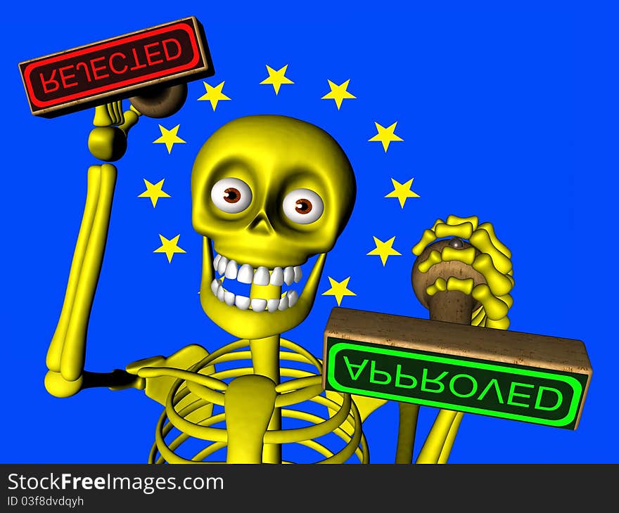 Computer generated 3D illustration of Cute skeleton officer gives stamp approved / rejected. Theme of approval, bureaucracy … cartoon. Computer generated 3D illustration of Cute skeleton officer gives stamp approved / rejected. Theme of approval, bureaucracy … cartoon