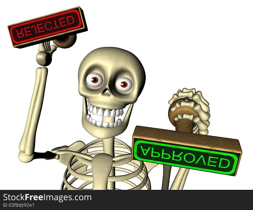 Computer generated 3D illustration of Cute skeleton officer gives stamp approved / rejected. Theme of approval, bureaucracy …