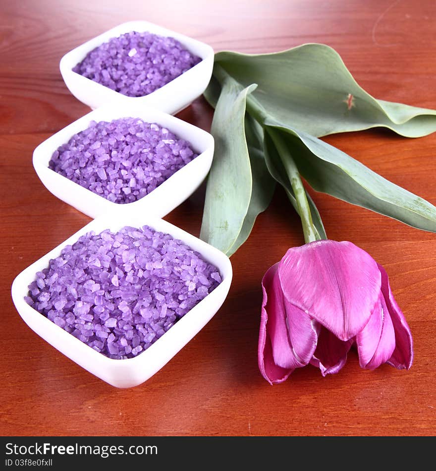 Lavender spa salt and a tulip flower