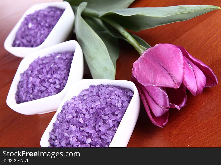 Lavender spa salt and a tulip flower