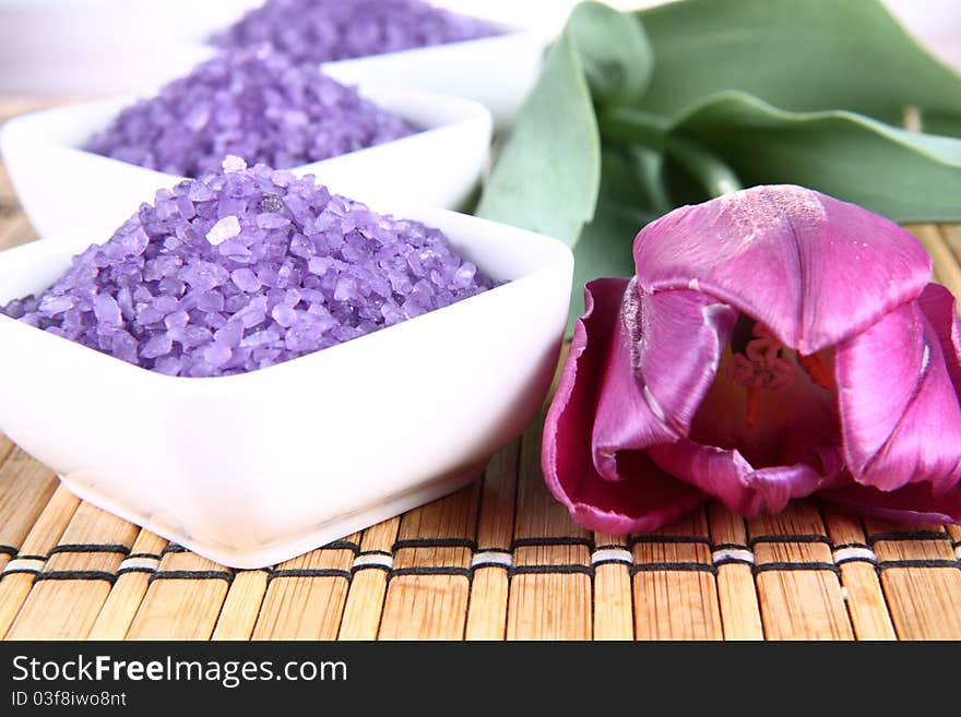 Lavender spa salt and a tulip flower