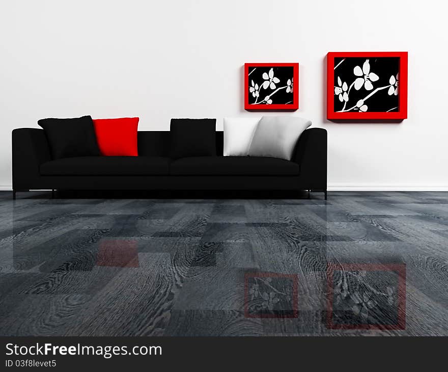 Modern  interior design of living room with a black  sofa and the pictures