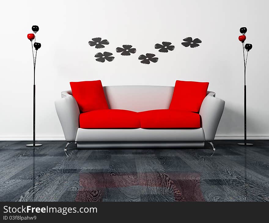 Modern interior design of living room with a gray and red sofa and the lamps. Modern interior design of living room with a gray and red sofa and the lamps