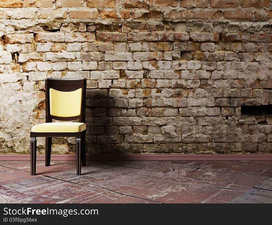 Interior design scene with a chair on the brick background. Interior design scene with a chair on the brick background