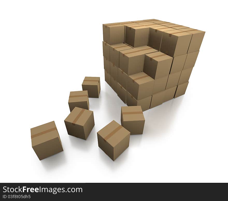 Cardboard boxes as a stack with a few boxes in disarray on white background. Cardboard boxes as a stack with a few boxes in disarray on white background