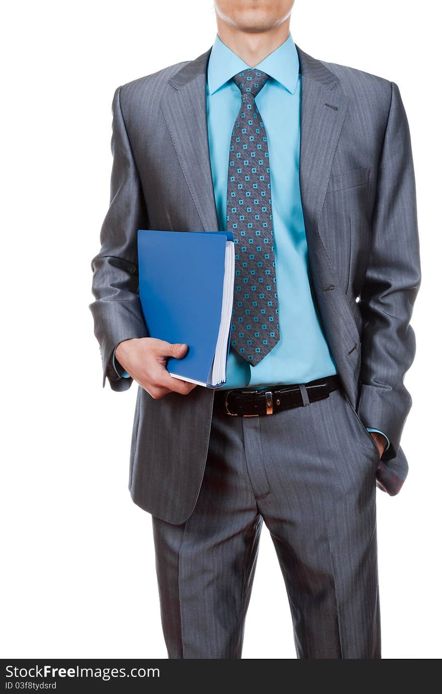 Elegant businessman is holding folders with paperwork isolated on white. Elegant businessman is holding folders with paperwork isolated on white