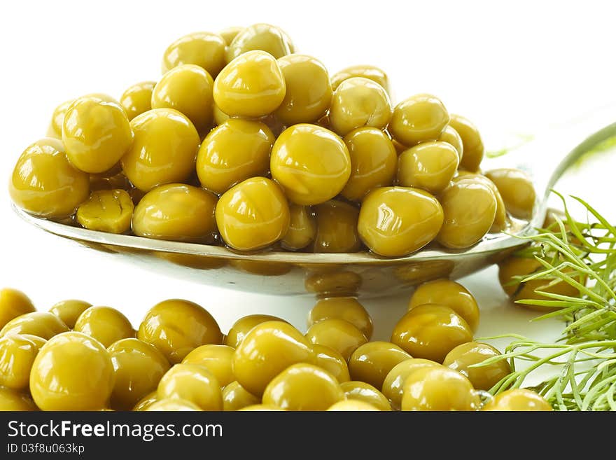 Delicious canned green peas in a tin