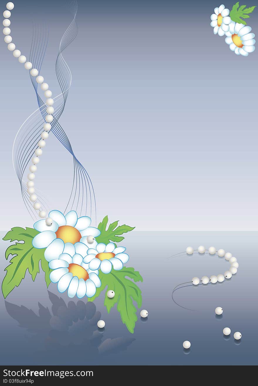 Chamomile background decorated with abstract lines and pearls. Chamomile background decorated with abstract lines and pearls