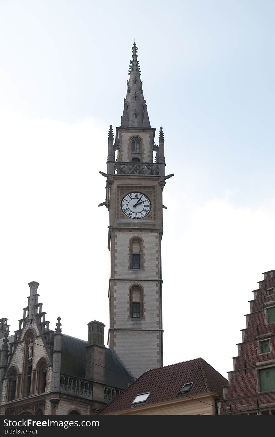 Houses with tower in Ghent, a beautiful city in Belgium. Houses with tower in Ghent, a beautiful city in Belgium