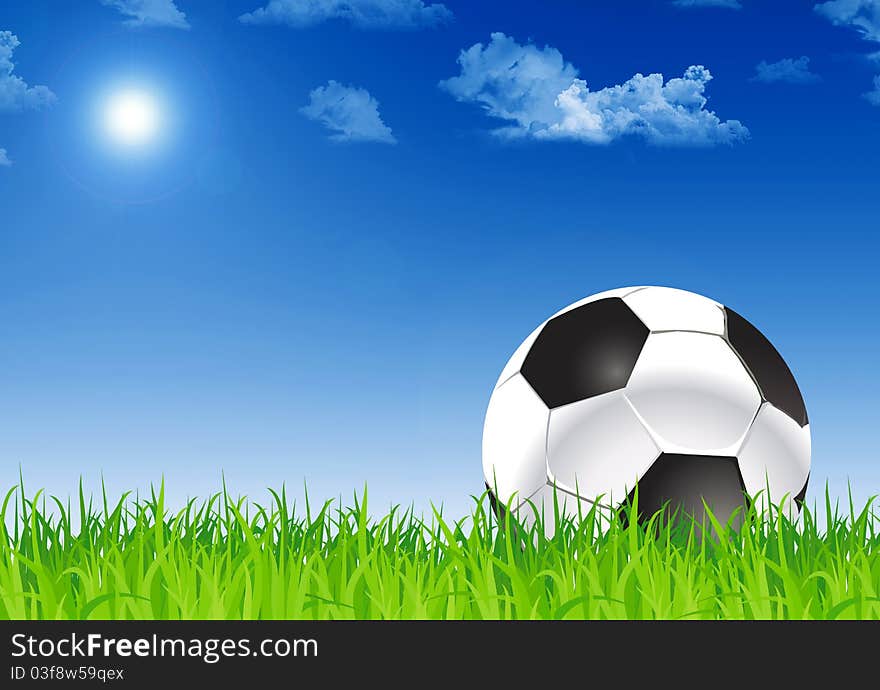 Illustration of soccer ball in the grass and blue sky