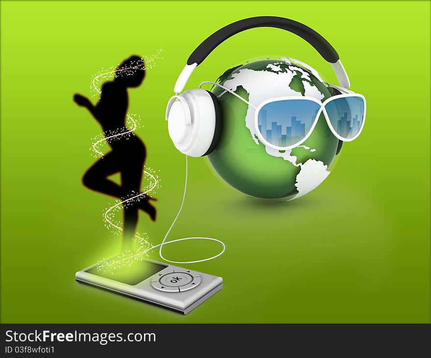 A conceptual image of a pair of headphones on a globe of the world. A conceptual image of a pair of headphones on a globe of the world