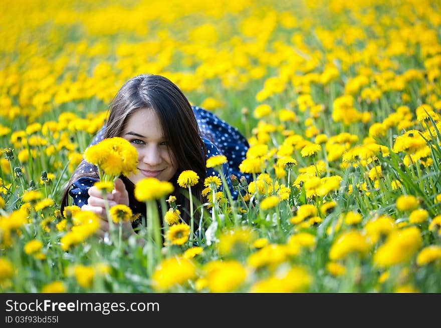 She is enjoying free time laying on a field. She is enjoying free time laying on a field