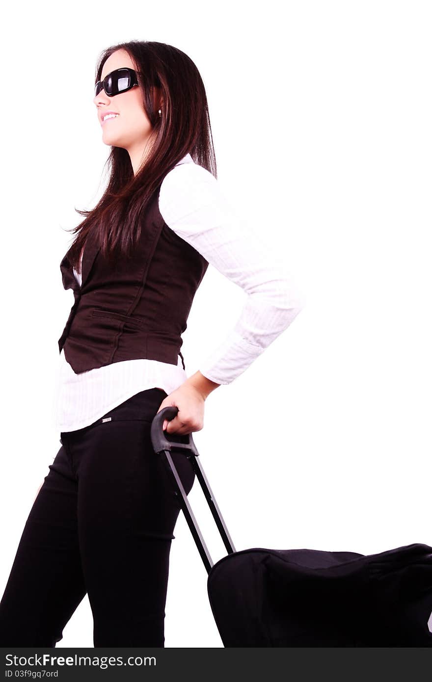 Beautiful business girl with a travel bag over white background