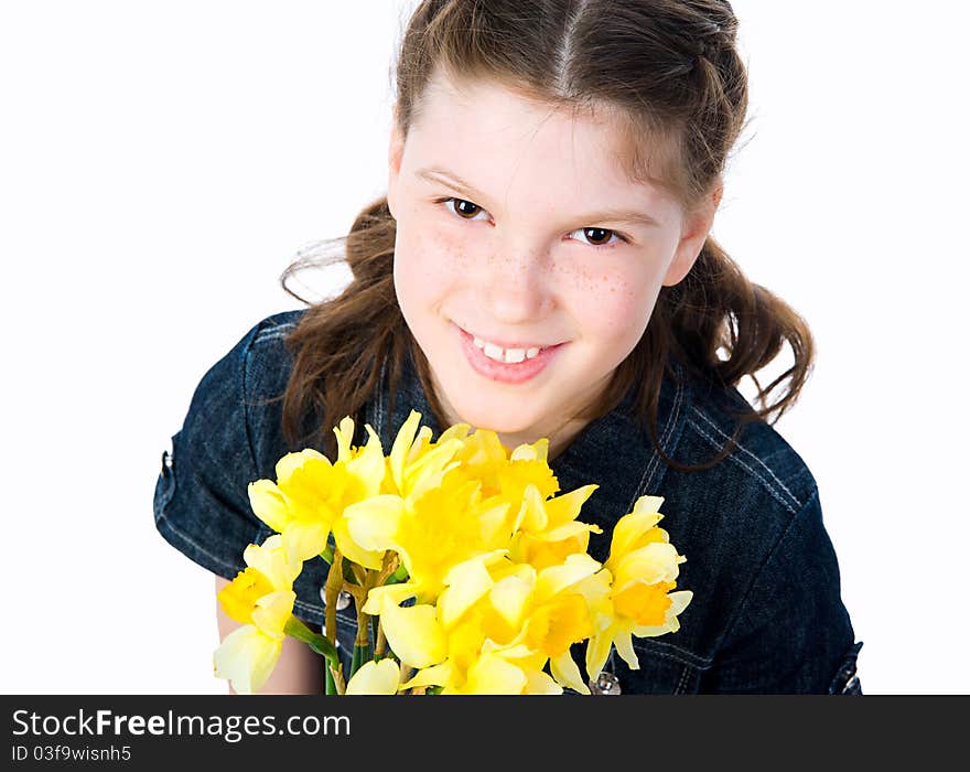 Cute little girl giving flowers