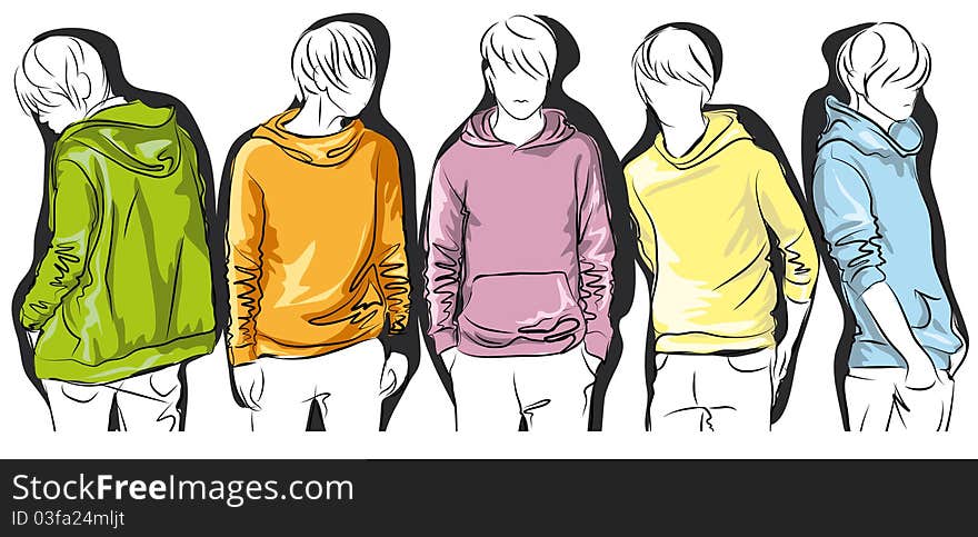 Sketch of young men in colorful jackets