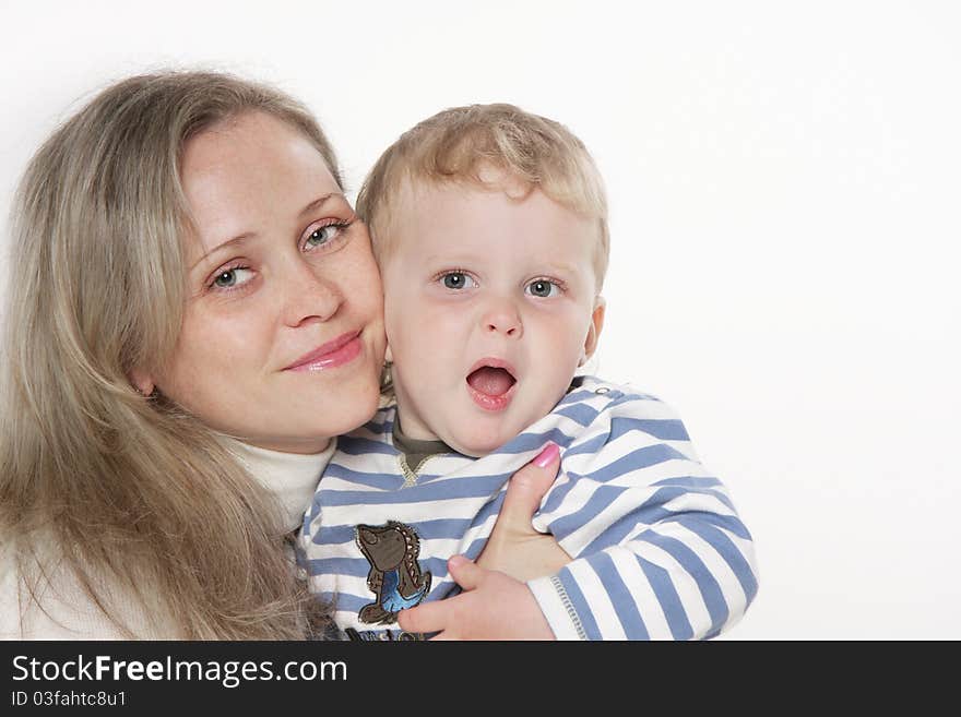 Mother and son over white