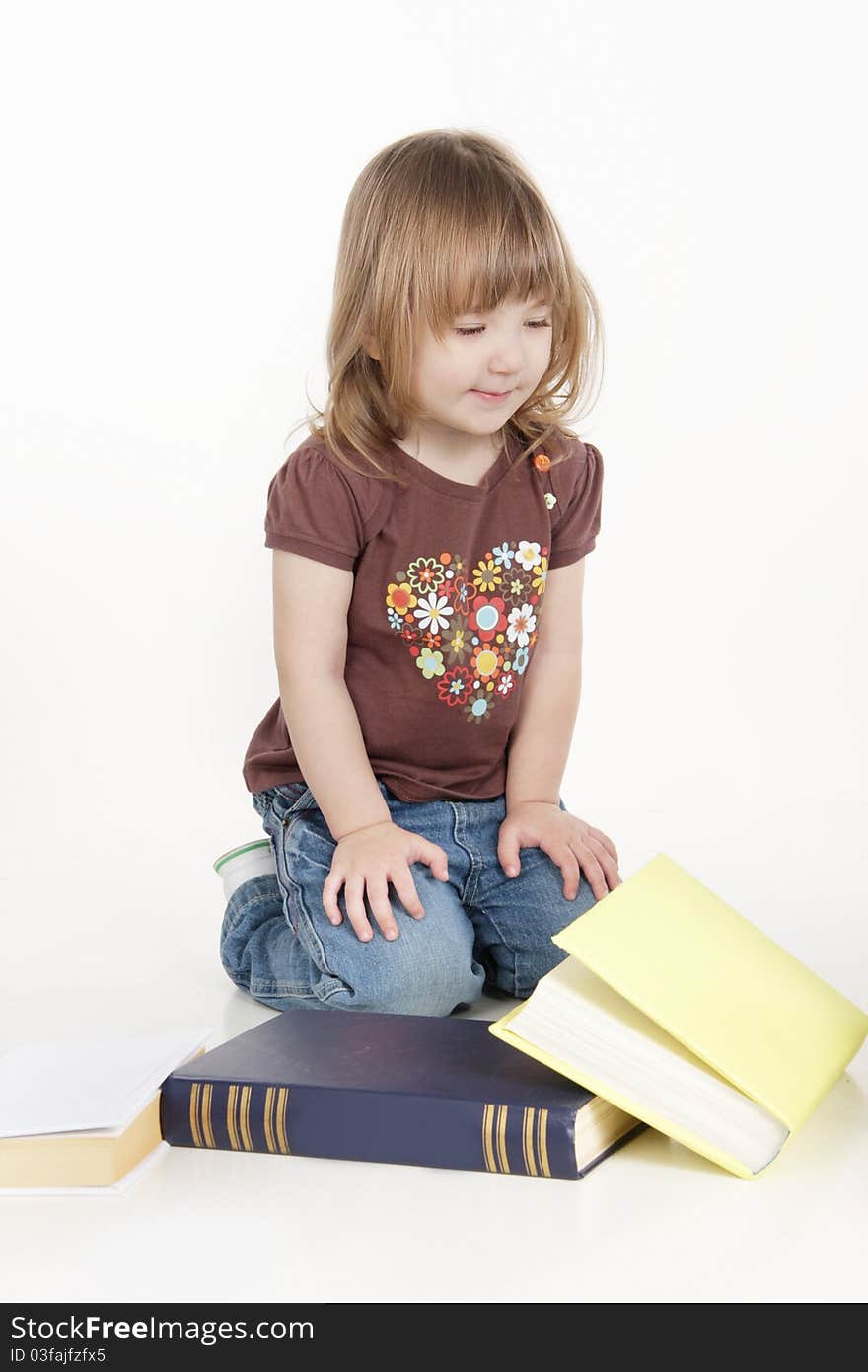 Girl With Books Over White