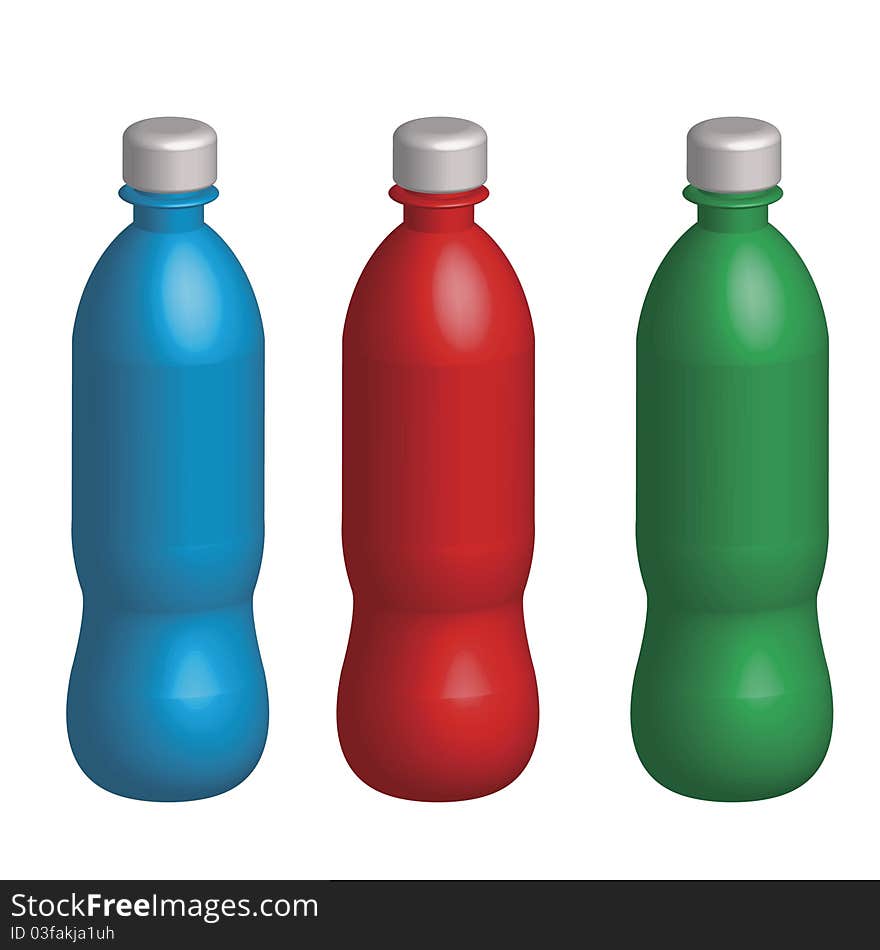 Three plastic varicoloured bottles