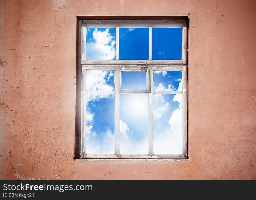 Closed window with blue cloud landscape. Closed window with blue cloud landscape