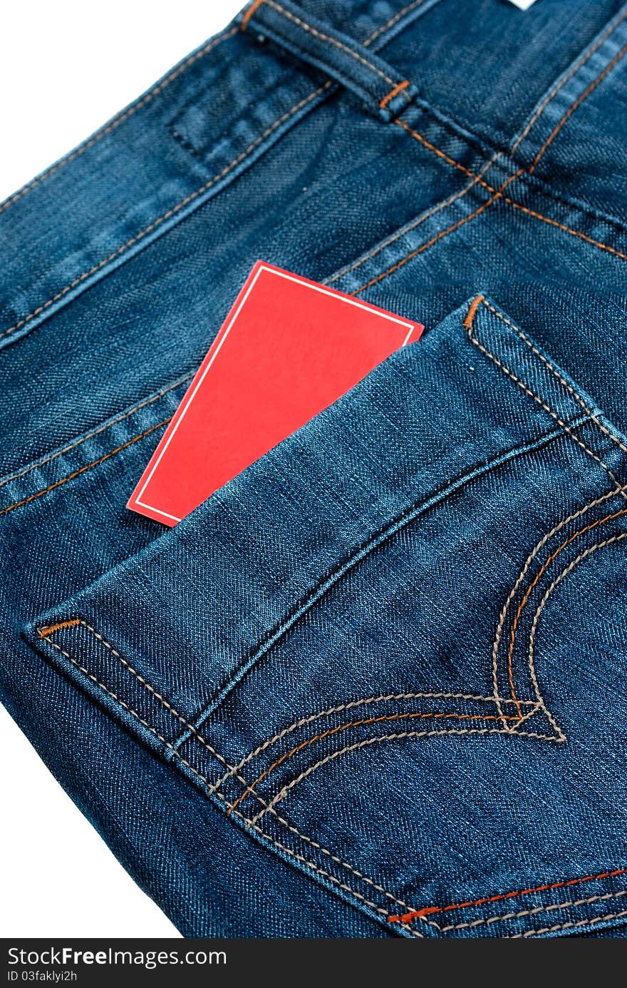 Jeans pocket wiht red paper note. Jeans pocket wiht red paper note