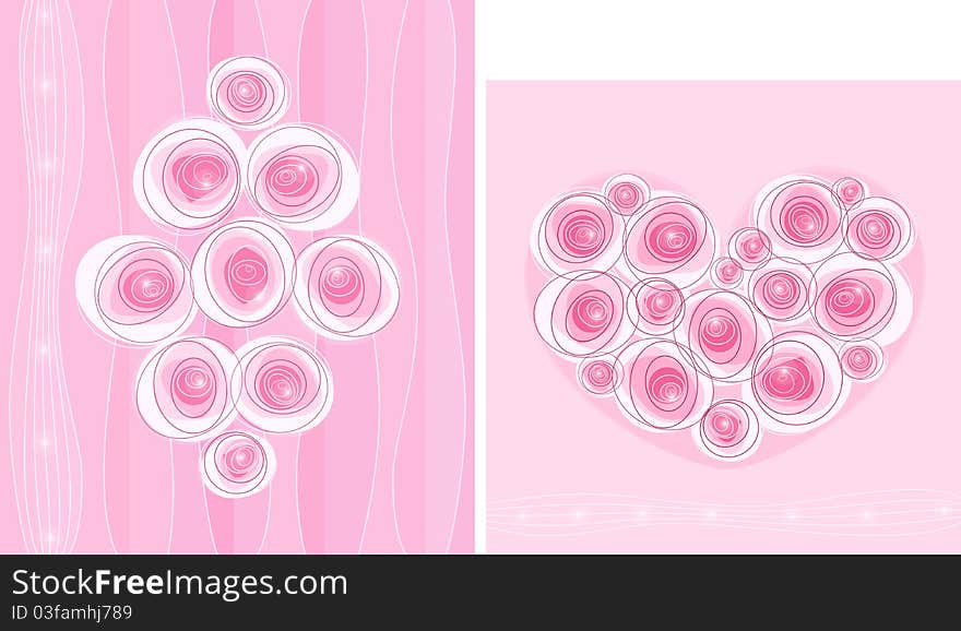 Two roses cards in pink background. Two roses cards in pink background