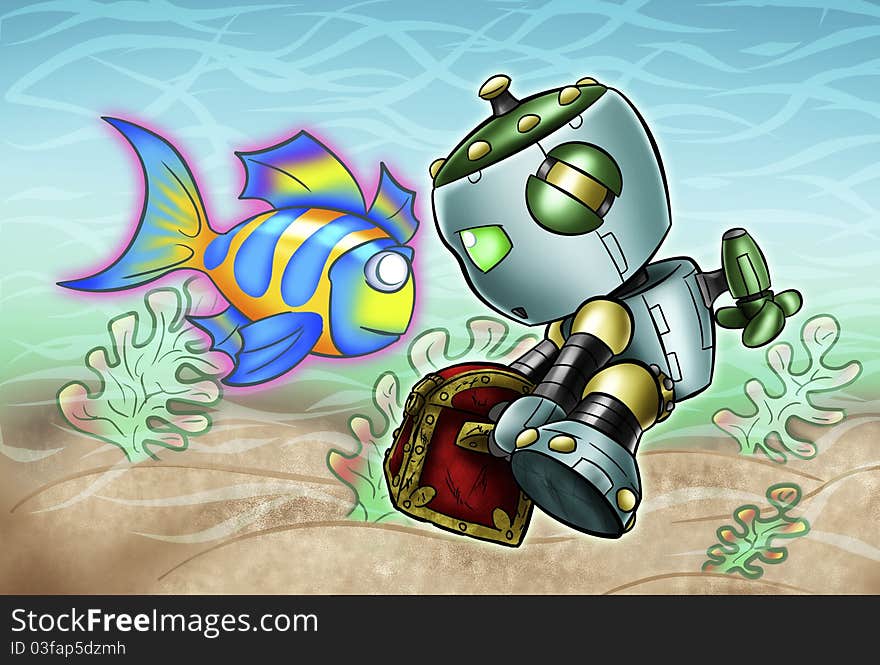 Underwater treasure hunting pirate robot. Underwater treasure hunting pirate robot.