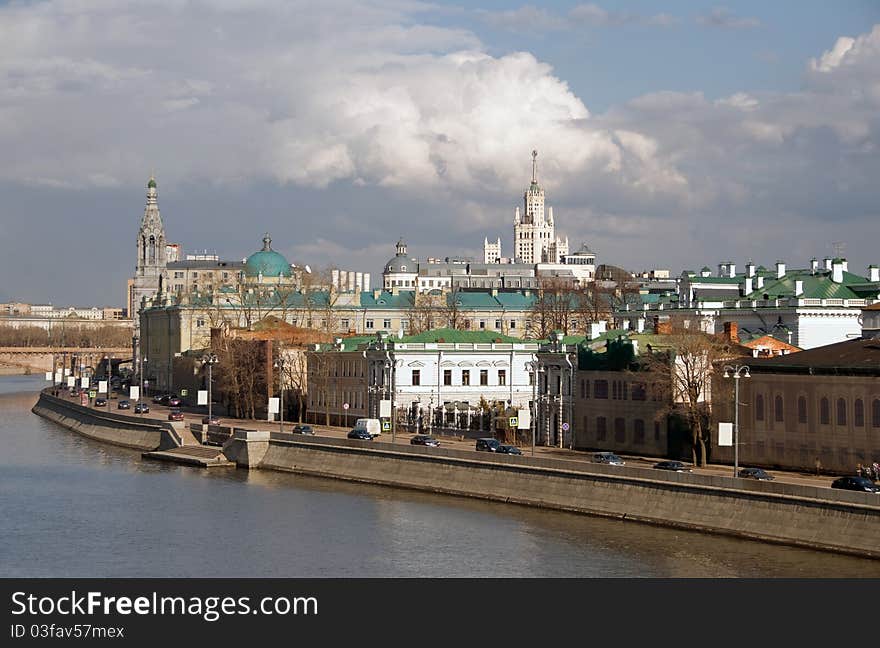 View of the Moscow River embankment before the rain. View of the Moscow River embankment before the rain