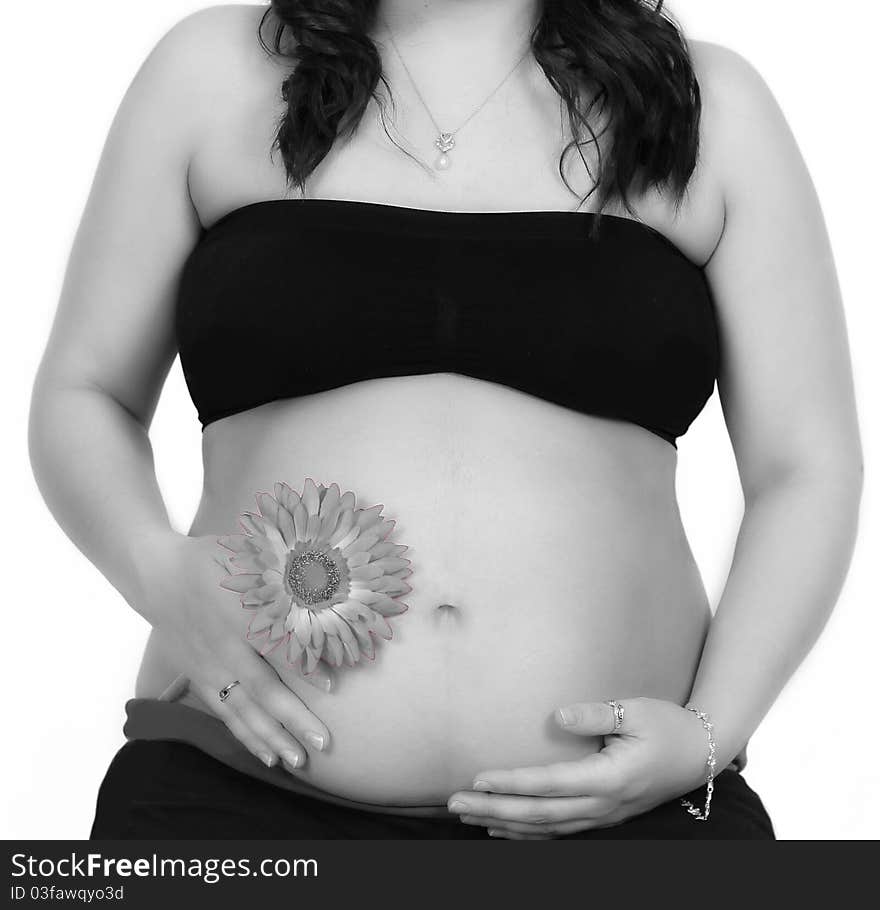 Pregnant stomach with flower closeup BW