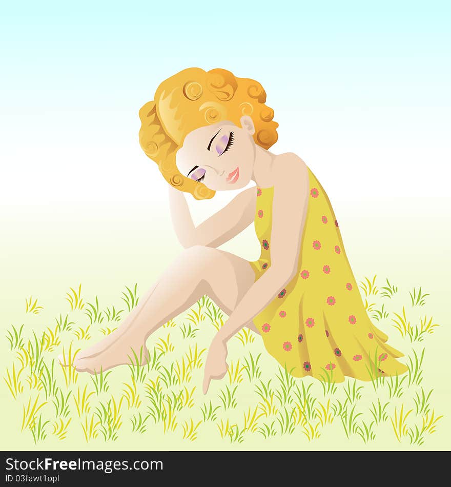 Little tender girl is dreaming on the field. Vector illustration. Little tender girl is dreaming on the field. Vector illustration.