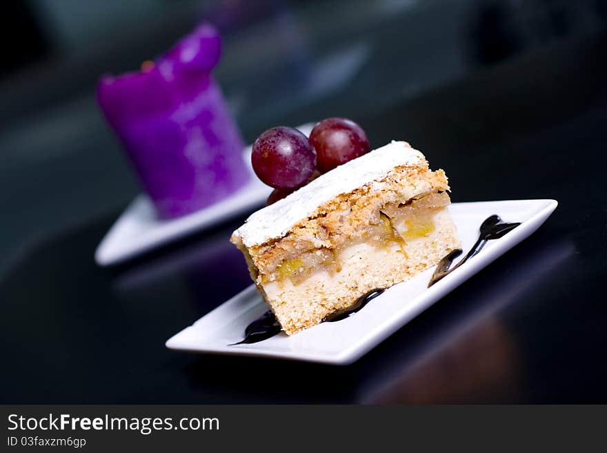 Apple cake served in a restaurant