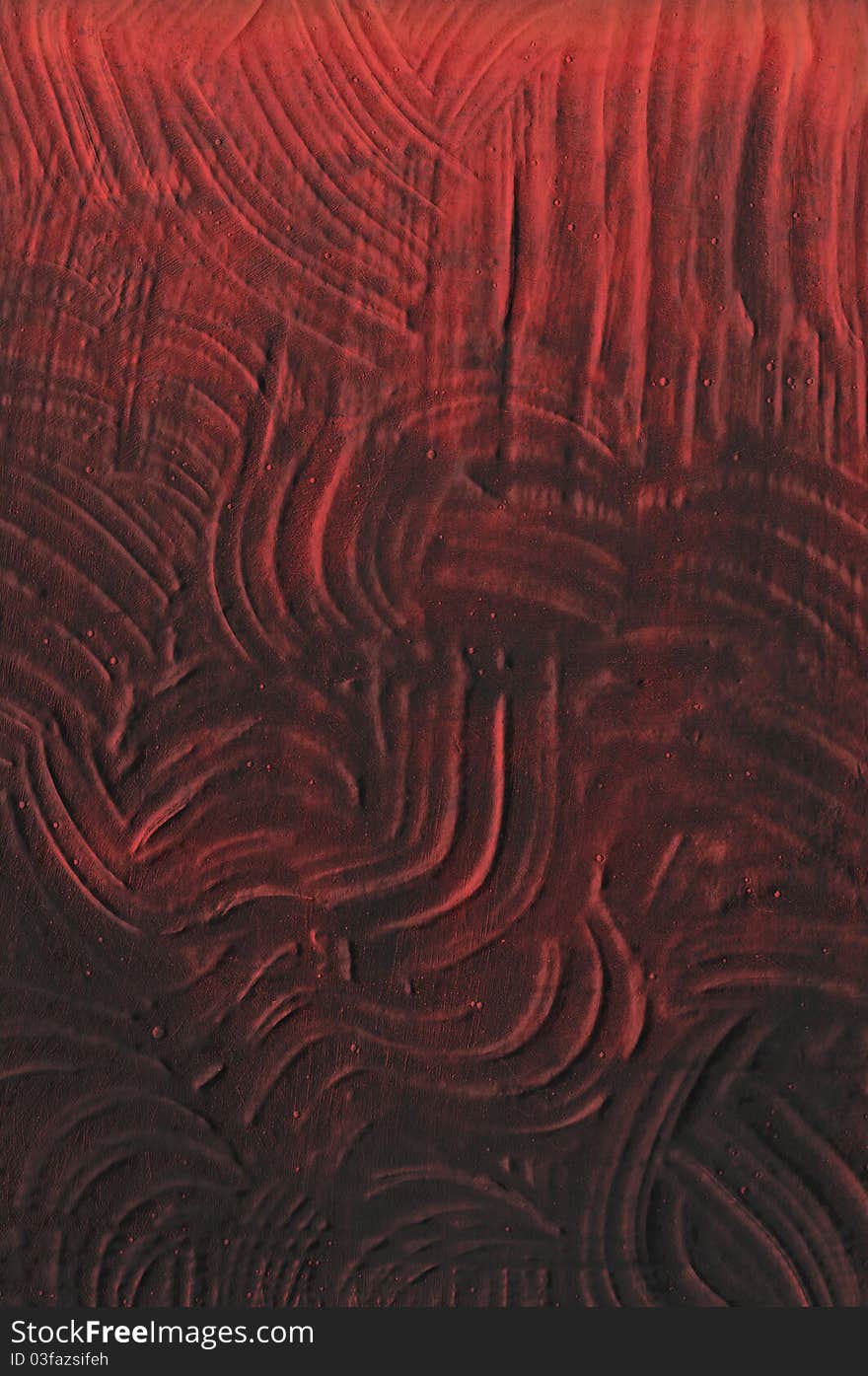 Red and black plaster brushstrokes and swirls, with tiny scratches and pits on the raised surface between the grooves. Red and black plaster brushstrokes and swirls, with tiny scratches and pits on the raised surface between the grooves.