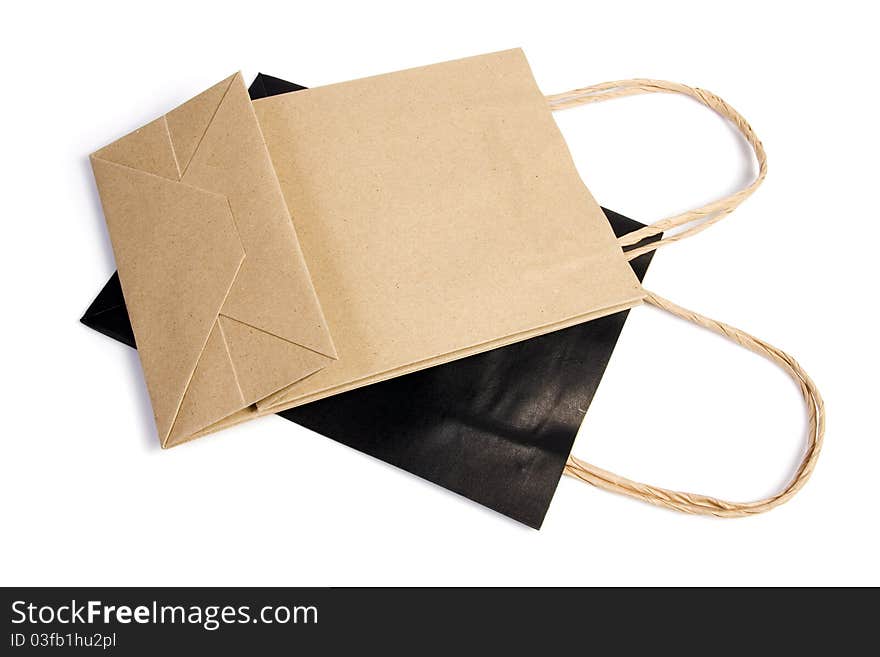 Two paper bag black and brown recycle on white isolated. Two paper bag black and brown recycle on white isolated