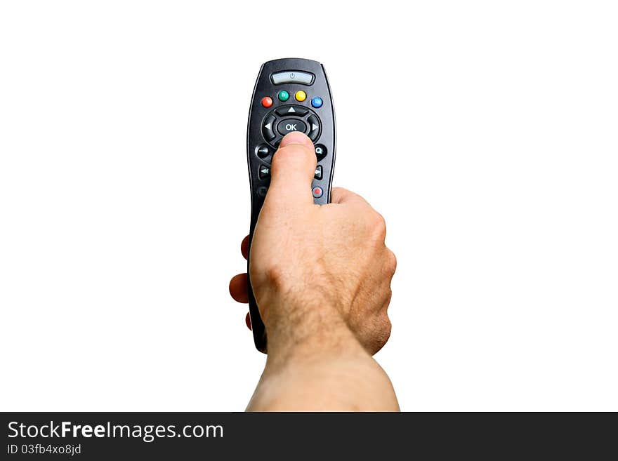 Remote control in man's hand, isolated on white. Remote control in man's hand, isolated on white